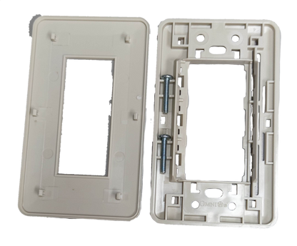 Omni 3 gang wall plate in white with mounting screws and frame for power points and switches
