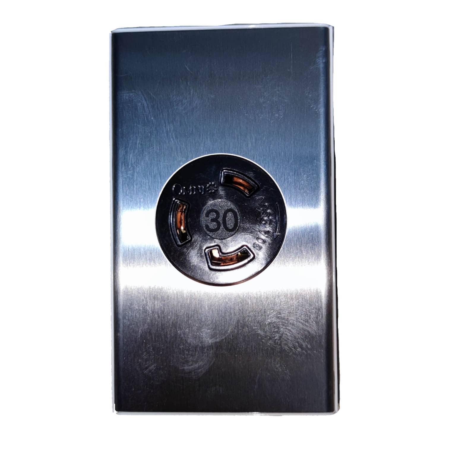 Omni 30A twistlock outlet with plate cover featuring a durable stainless steel design