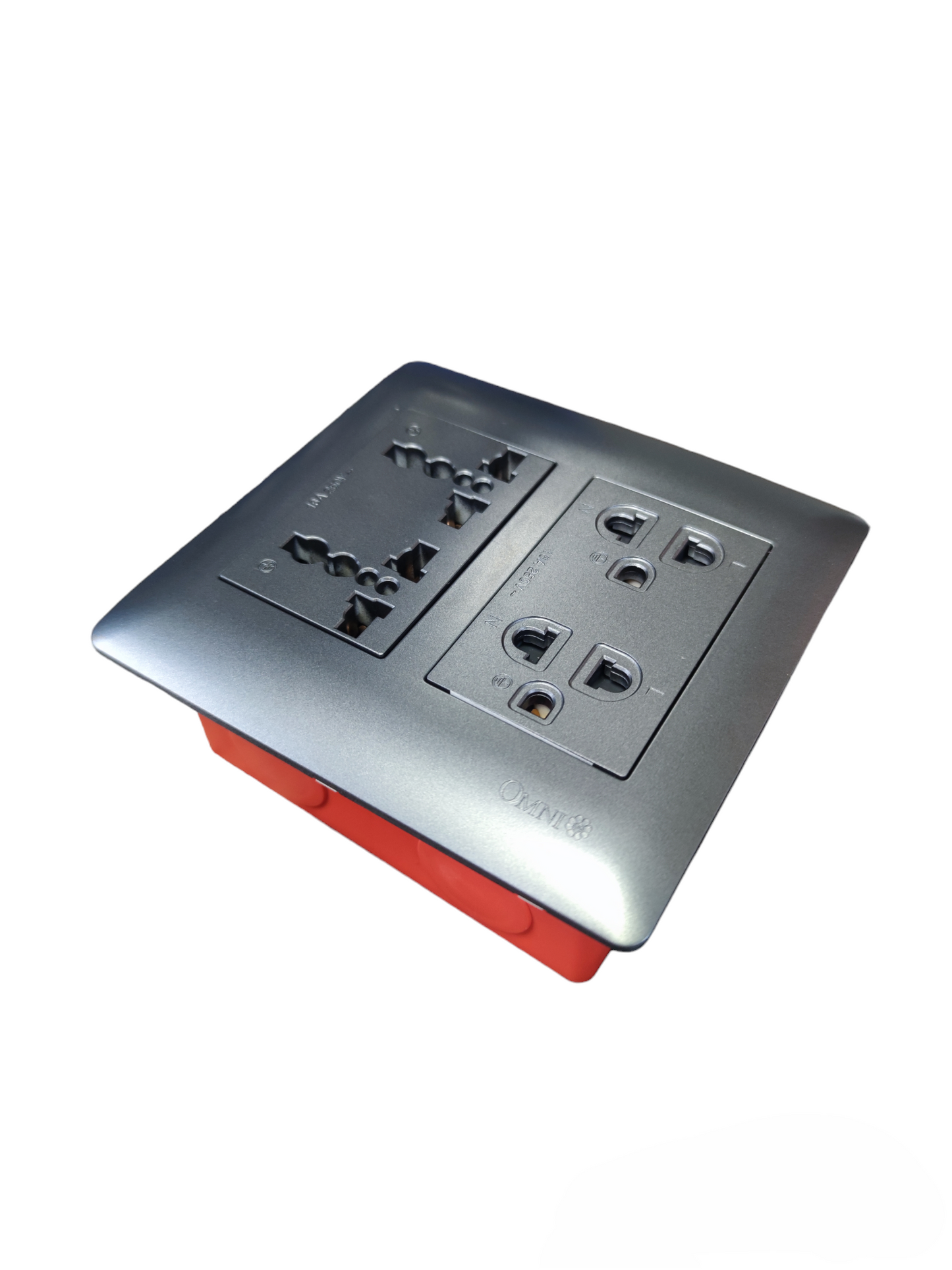 Omni 4 Gang Duplex Universal Outlet with multiple socket types and silver faceplate