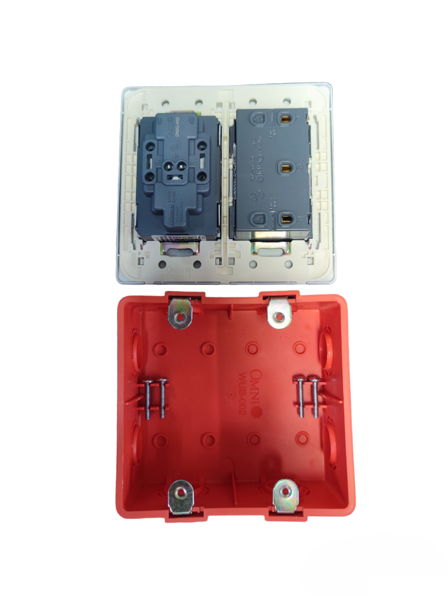 Omni 4 Gang Duplex Universal Outlet with red mounting box and dual socket design