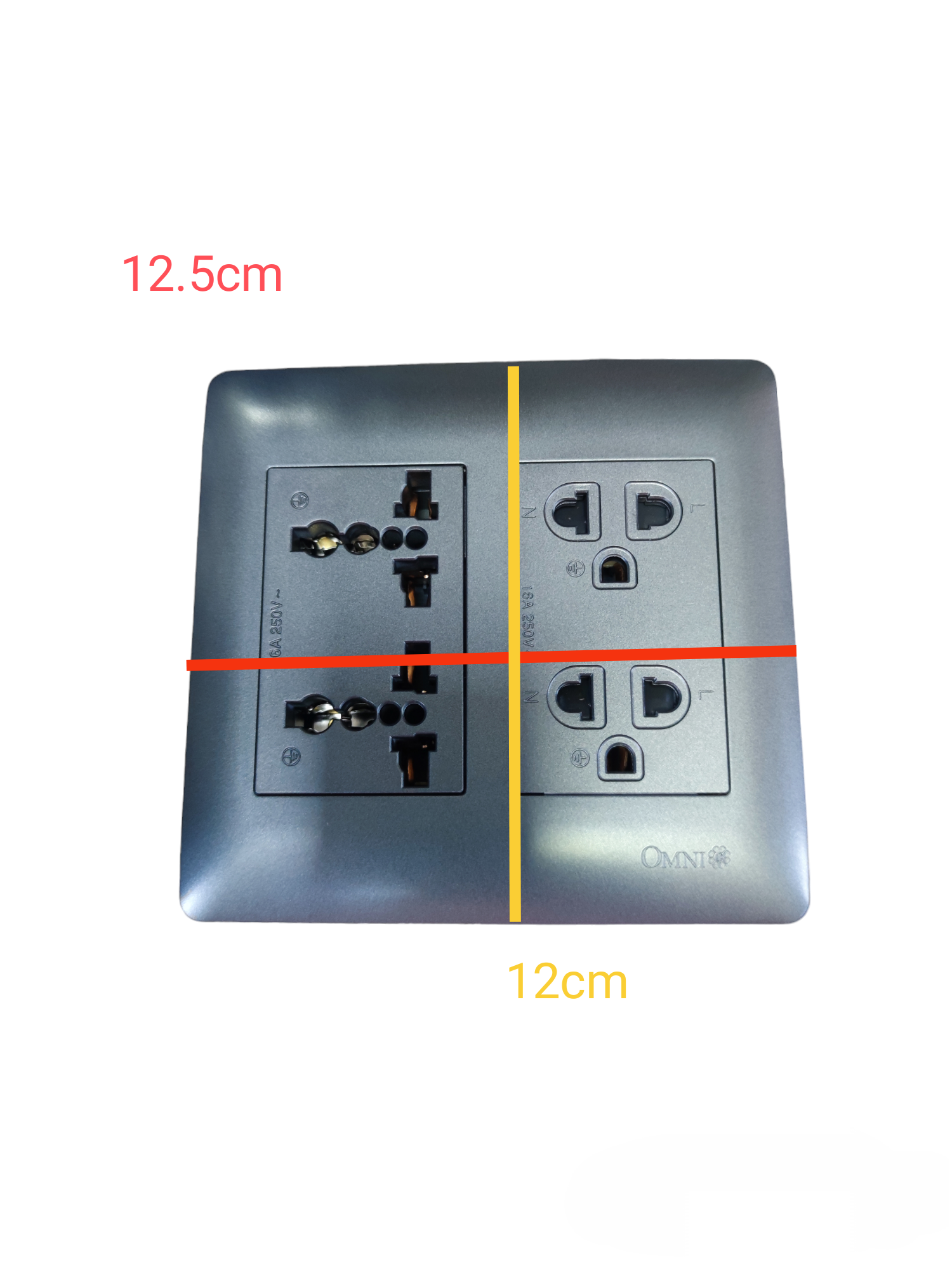 Omni 4 Gang Duplex Universal Outlet with multiple socket types in a grey wall plate