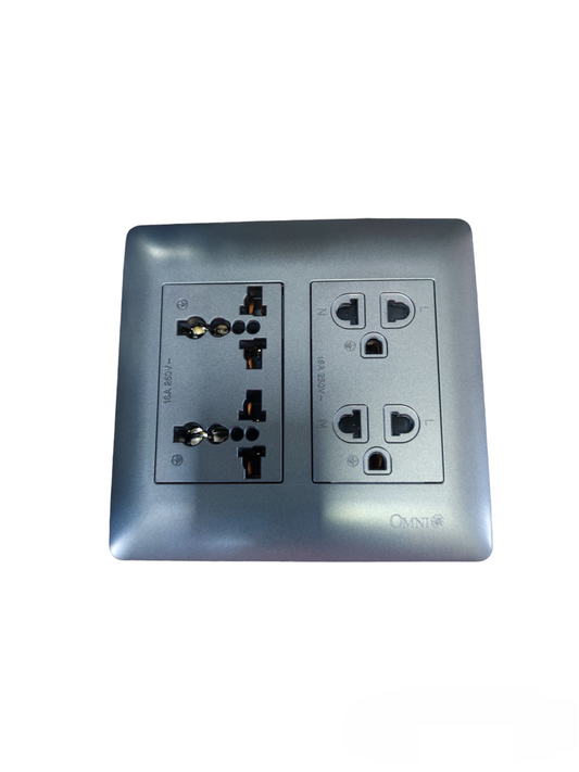 Omni 4 Gang Duplex Universal Outlet with multiple plug types and sleek silver finish