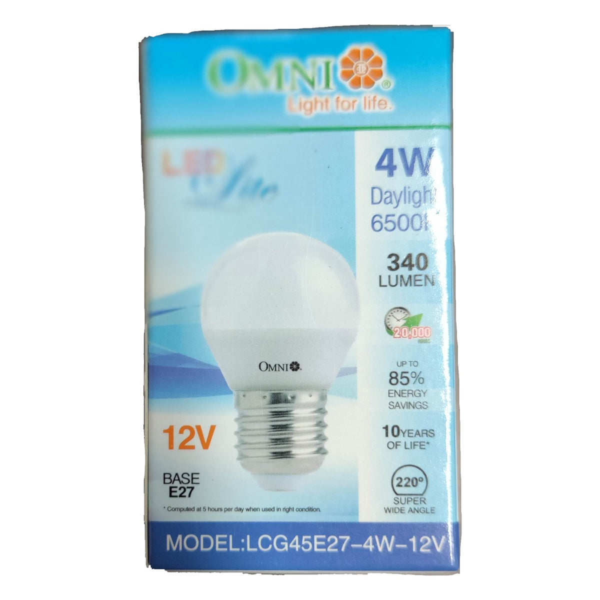Omni LED light bulb packaging with specifications on a white background