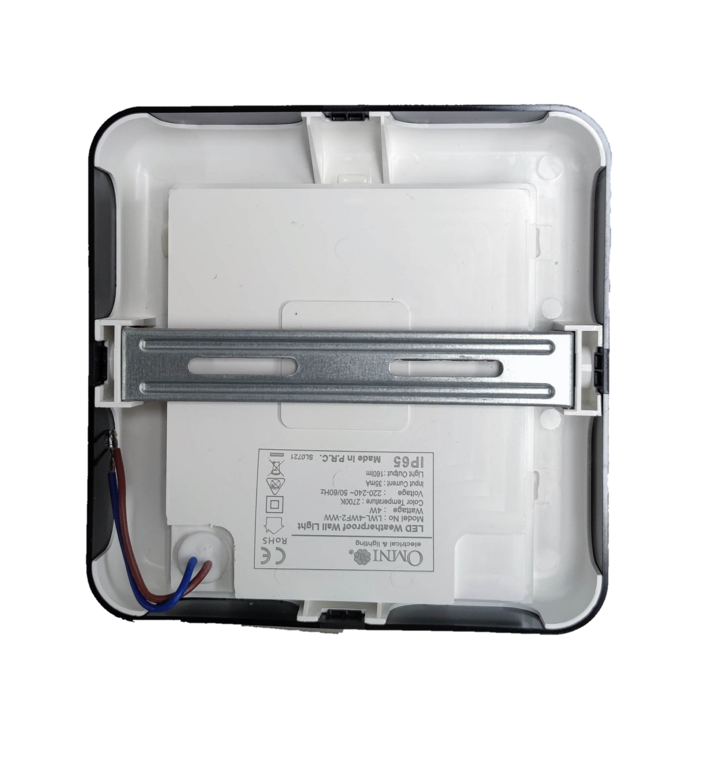 Back view of Omni 4WF2 weatherproof LED wall light 220v with mounting bracket and wiring connections