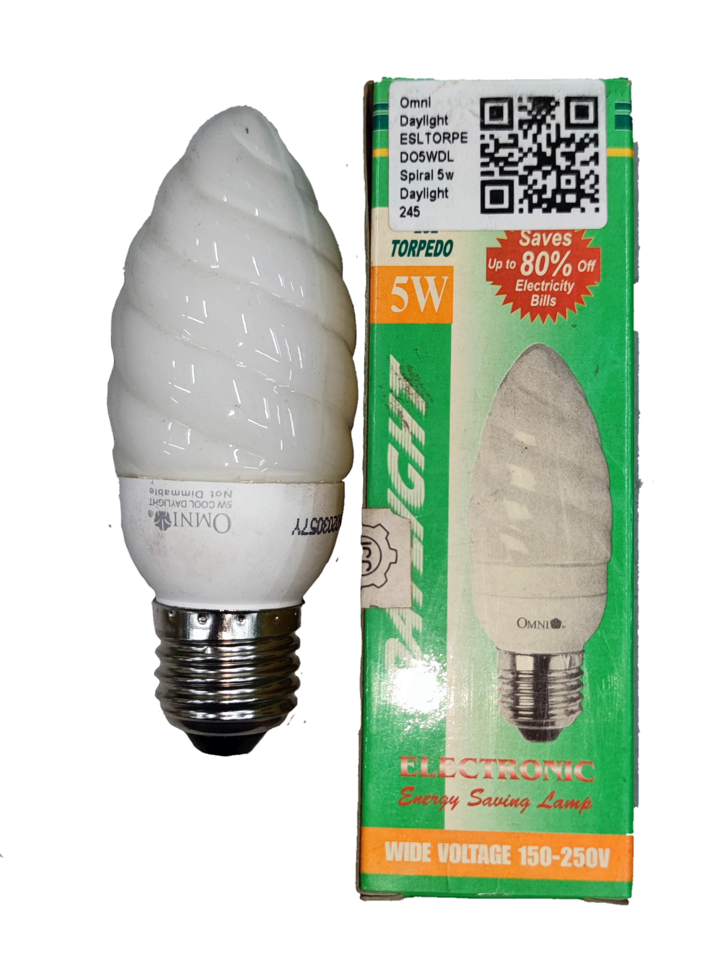 Omni compact spiral bulb and box showing 5W CFL Bulb Daylight E27 220V energy saving torpedo design
