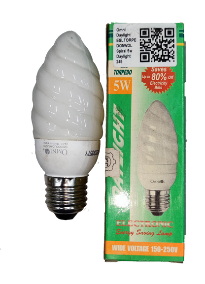 Omni compact spiral bulb and box showing 5W CFL Bulb Daylight E27 220V energy saving torpedo design