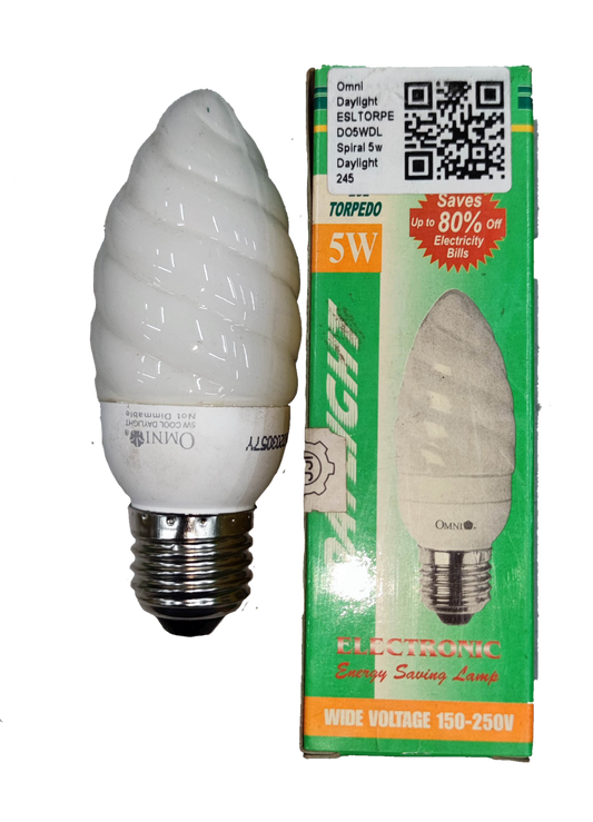 Omni compact spiral bulb and box showing 5W CFL Bulb Daylight E27 220V energy saving torpedo design