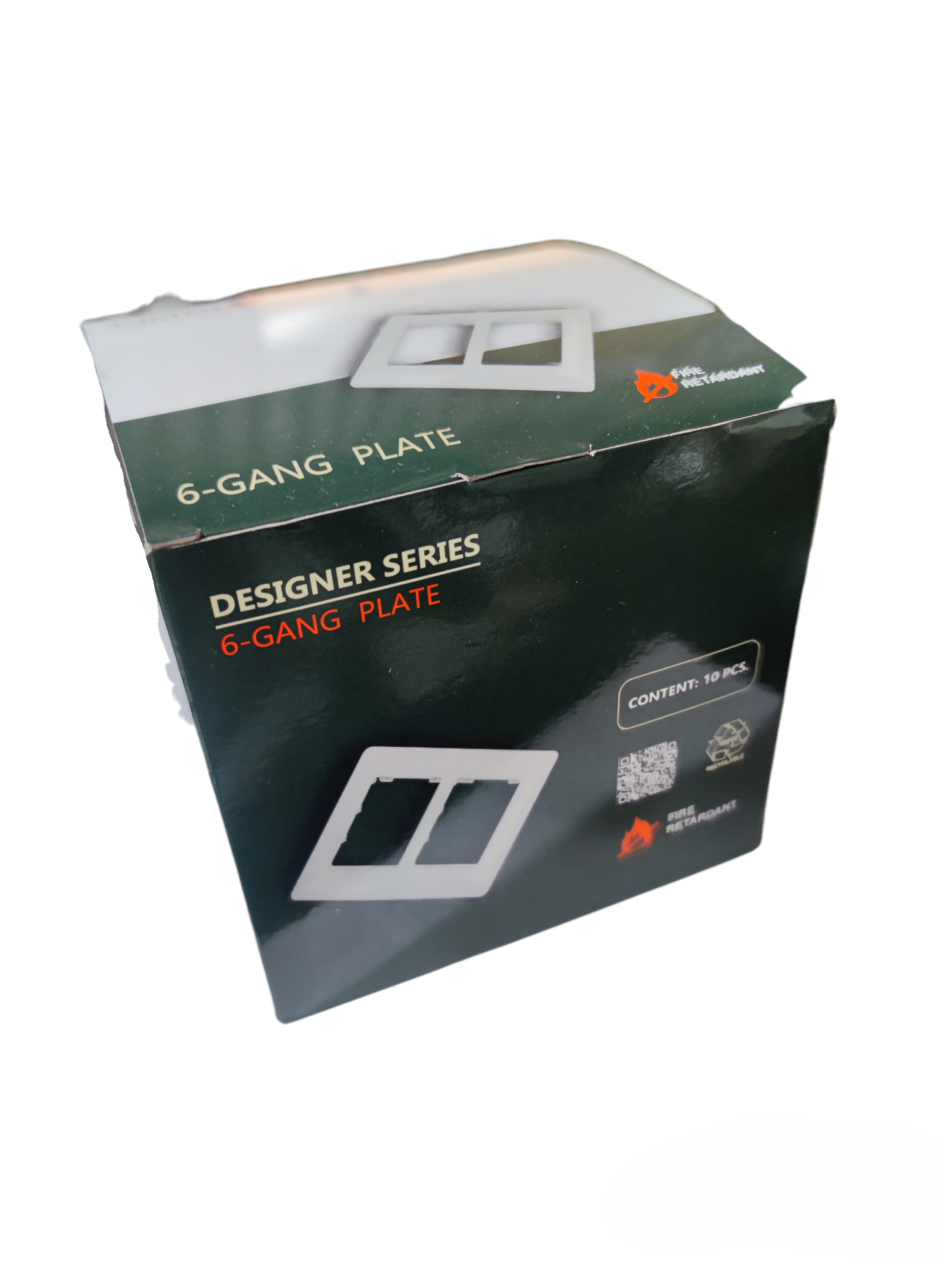 Omni 6 Gang Plate Cover Graphite showing packaging box for power point switch plate cover