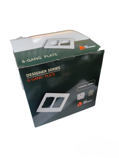 Omni 6 Gang Plate Cover Graphite showing packaging box for power point switch plate cover
