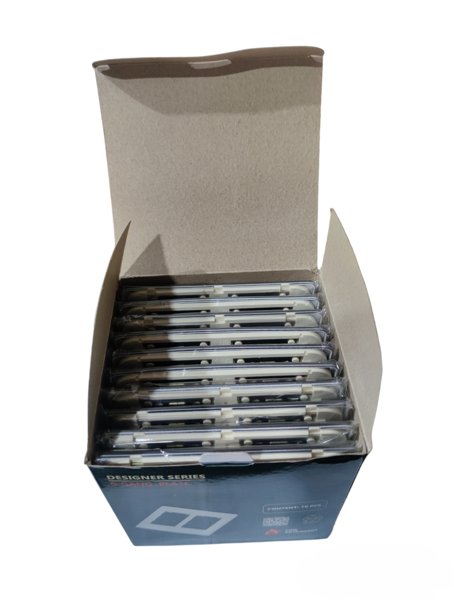 Box containing multiple Omni 6 Gang Plate Cover Graphite power point switch covers neatly packed