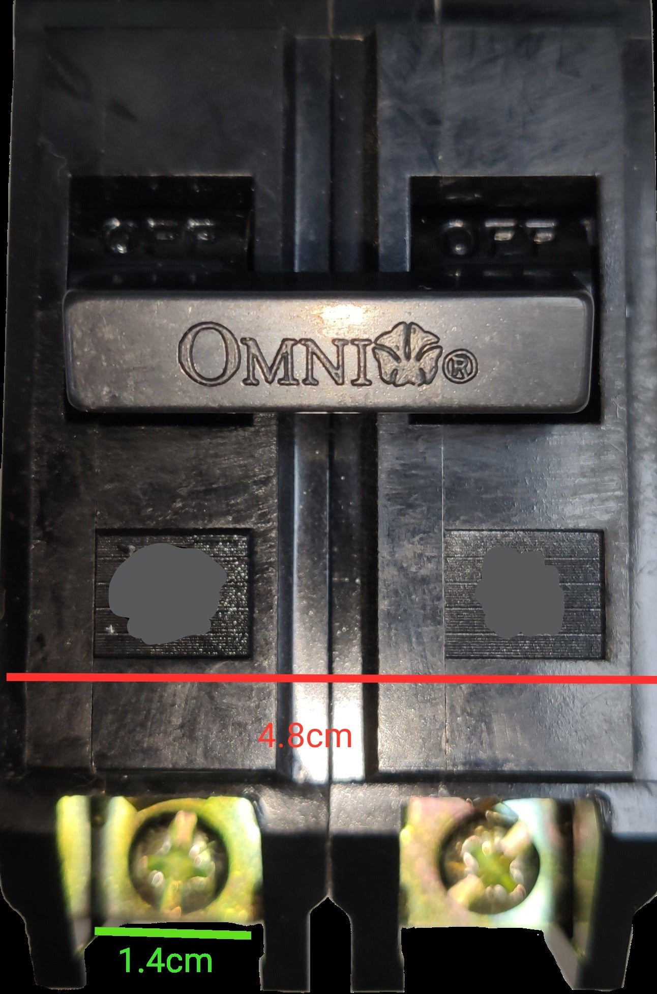 Omni 60A 2 pole circuit breaker Plug in with detailed markings and dimensions for electrical applications