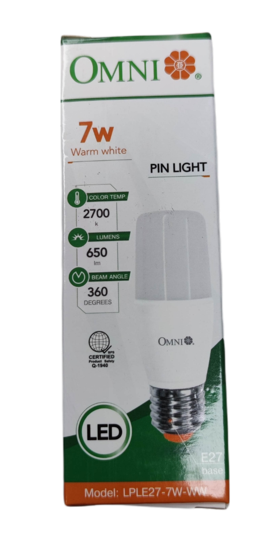 Omni 7W LED stick bulb E27 220V in warm white packaging with energy-efficient details
