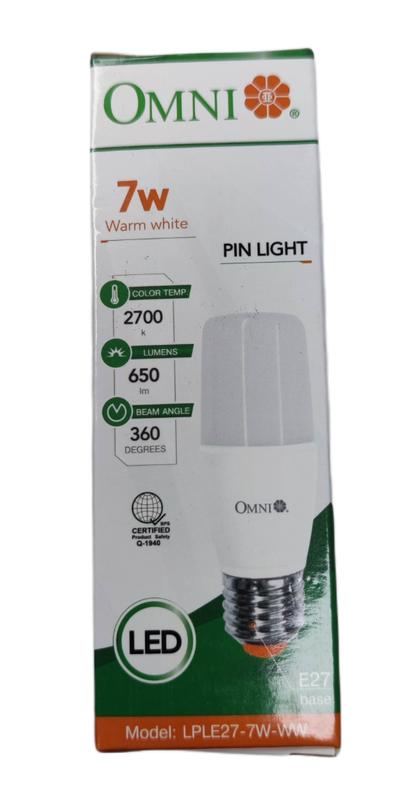 Omni 7W LED stick bulb E27 220V in warm white packaging with energy-efficient details