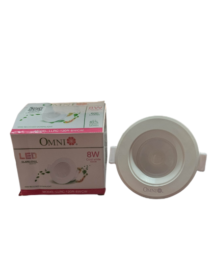 Omni 8W LED Down Light 4000K ceiling light with white round design and packaging box