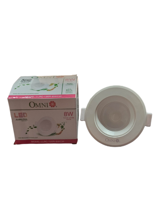 Omni 8W LED Down Light 4000K ceiling light with white round design and packaging box