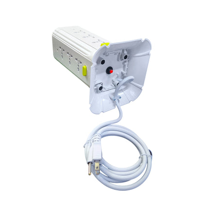 Omni 9 gang tower extension cord with multiple outlets and long power cable in white