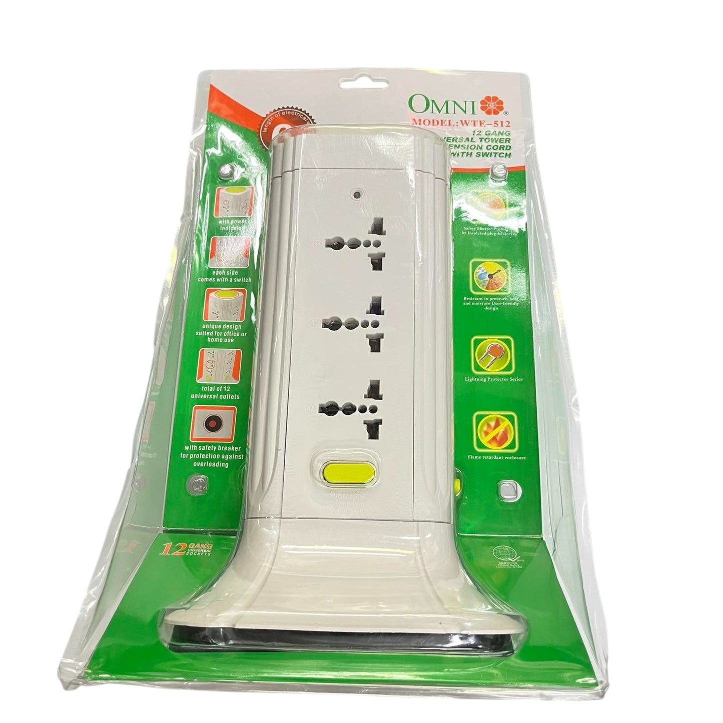 Omni 9 gang tower extension cord power strip with universal sockets and overload protection