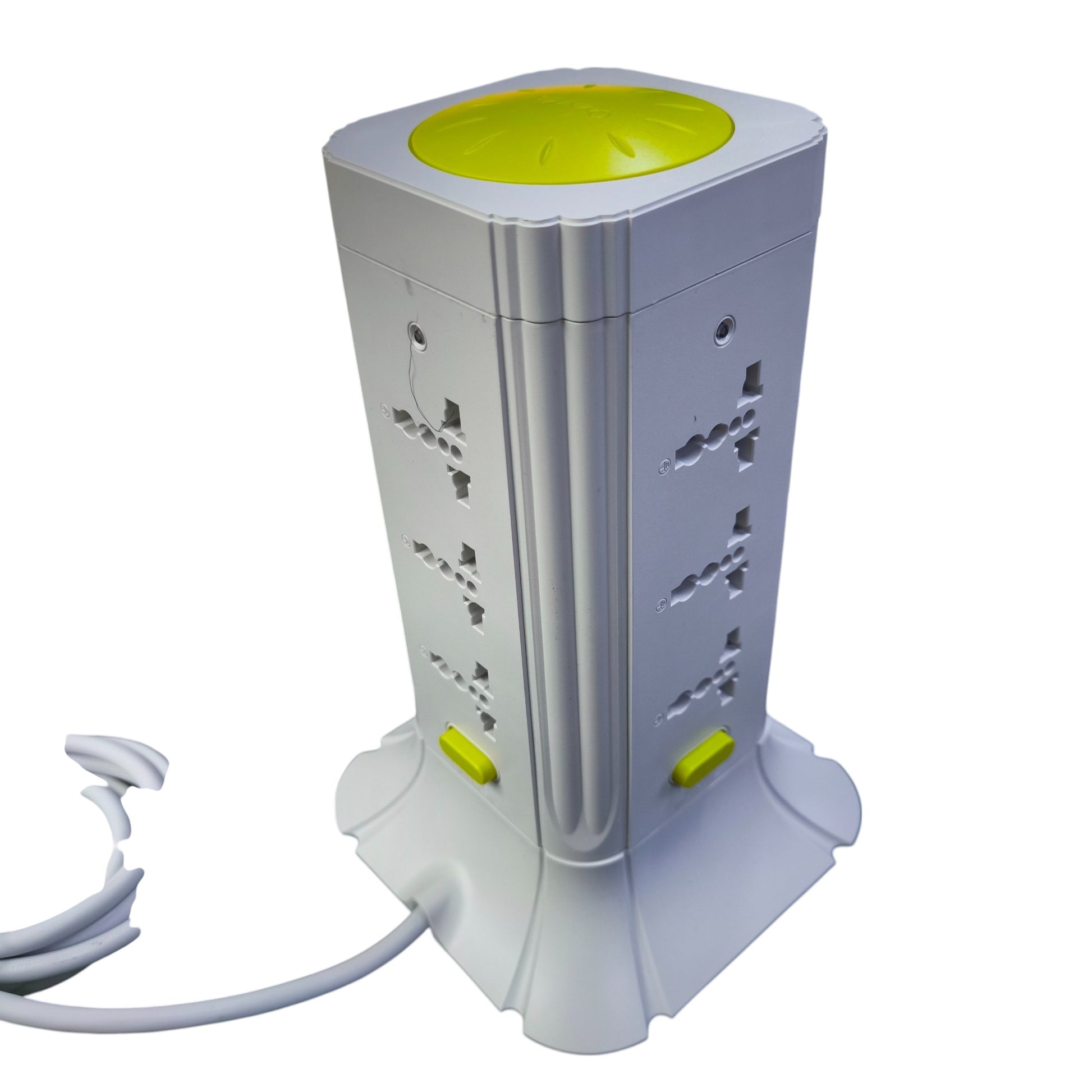 Omni 9 gang tower extension cord with multiple universal outlets and yellow power switches