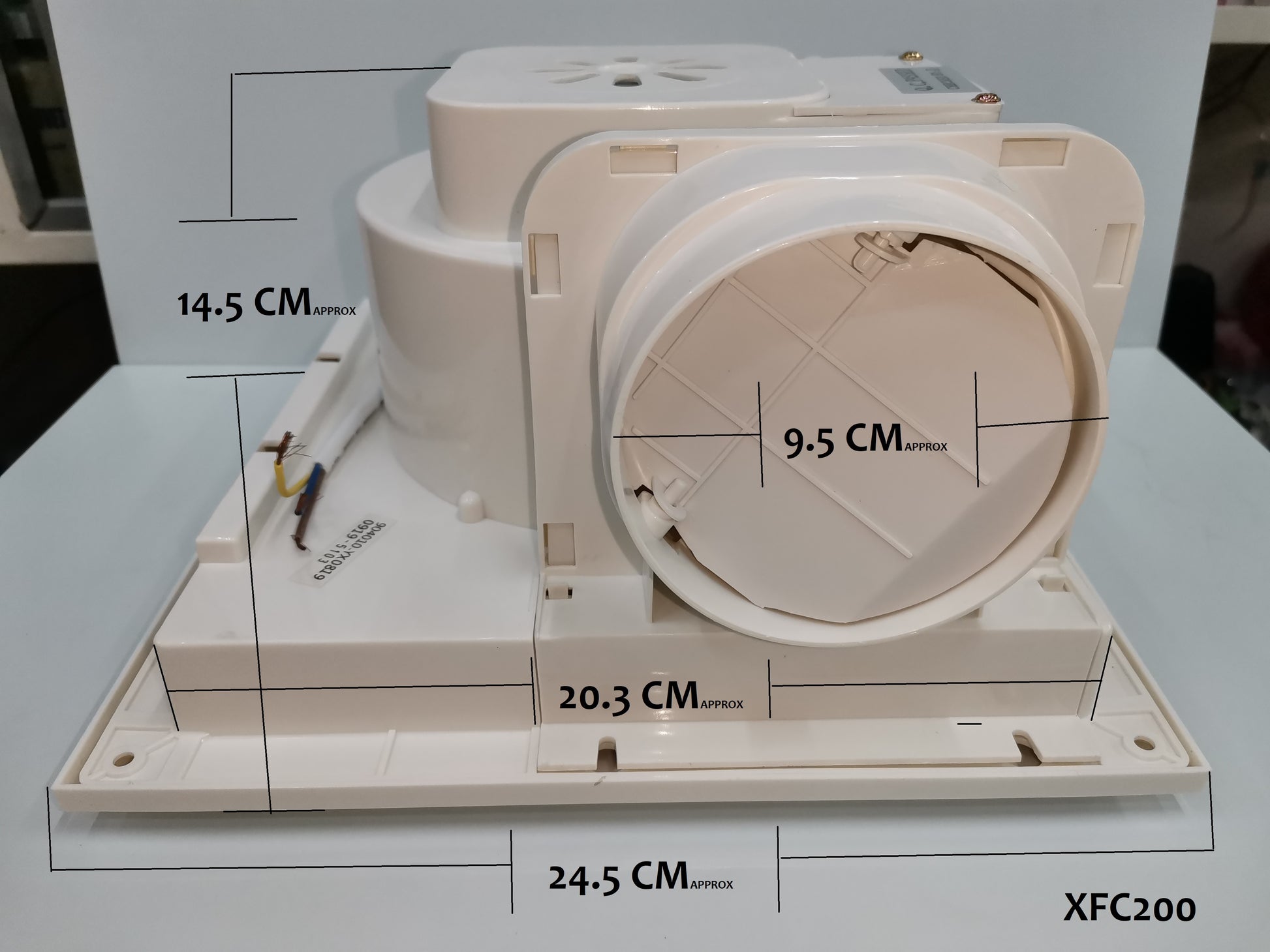 Omni ceiling mounted duct fan 220V 8 inches with dimensions for efficient ventilation installation