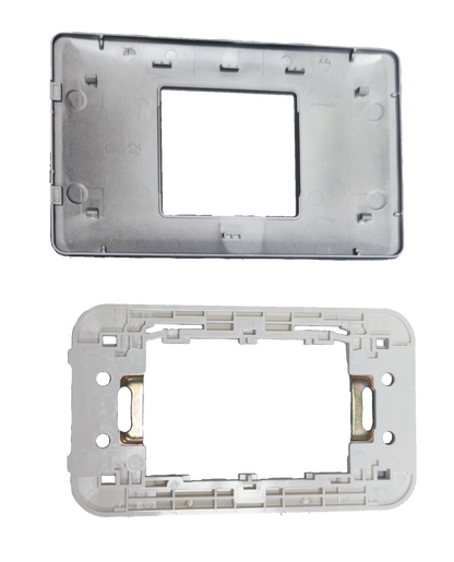 Omni Center Device Plate Graphite showing front and back plastic mounting frames for power points and switches