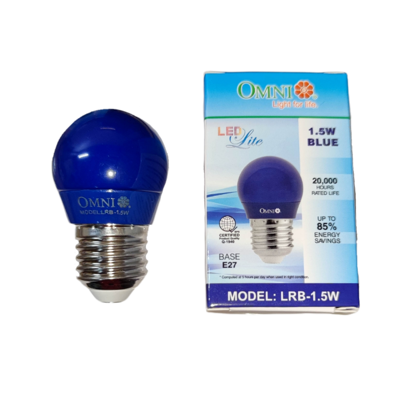 Colored Round Bulb LED E27 220V in blue, 1.5W with 20000 hours lifespan and energy-saving features