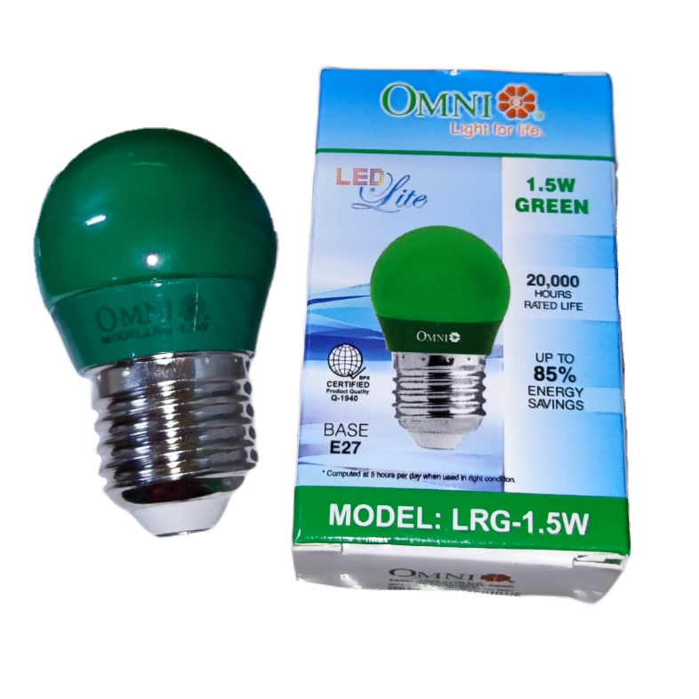 Omni Colored Round Bulb LED E27 220V in Green with 1.5W Power and 20,000 Hours Lifespan