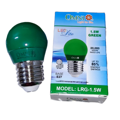 Omni Colored Round Bulb LED E27 220V in Green with 1.5W Power and 20,000 Hours Lifespan