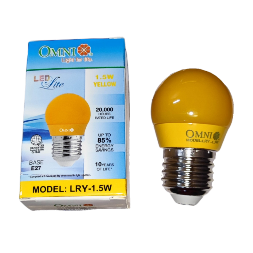 Omni Colored Round Bulb LED E27 220V in Yellow with 1.5W power and 20000 hours rated life