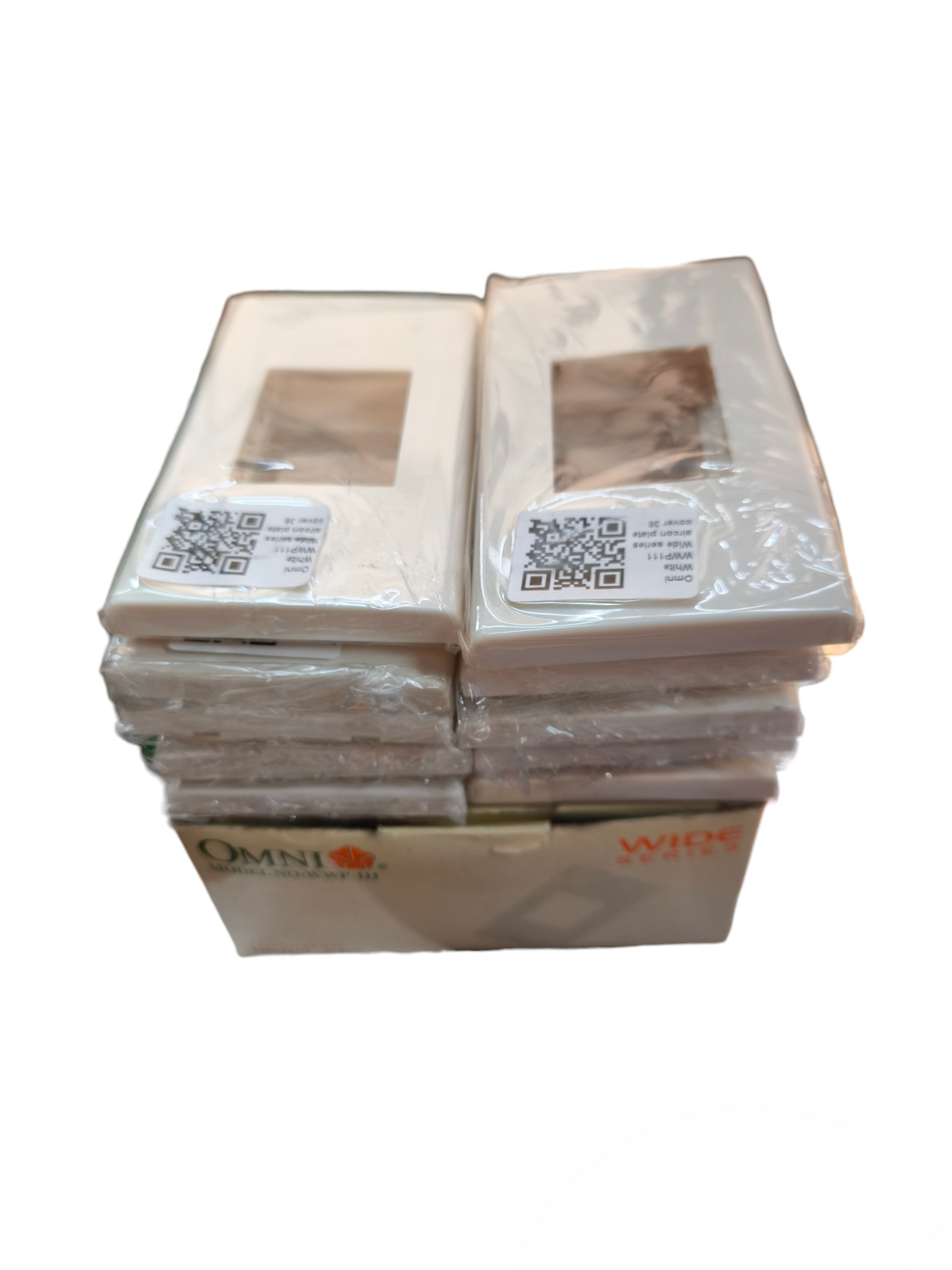 Stack of Cover Wide Series Omni WWP-111 power point switch and plug covers in white packaging
