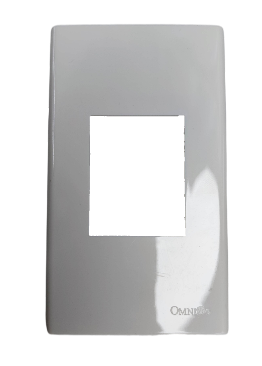 White plastic Cover Wide Series Omni WWP-111 outlet switch plate cover with a rectangular center cutout