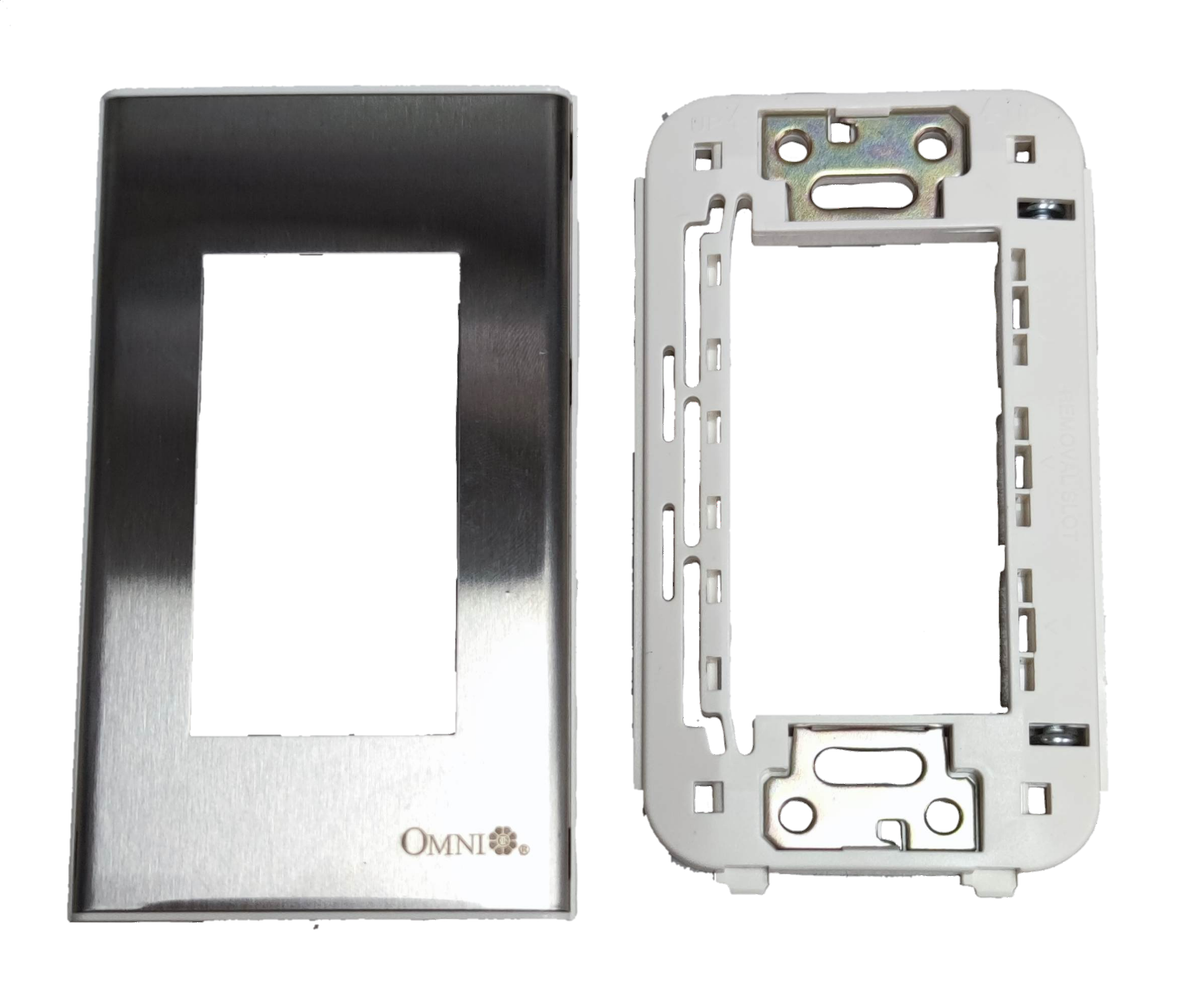 Omni device plate cover WWP-113S stainless steel finish with white plastic mounting frame