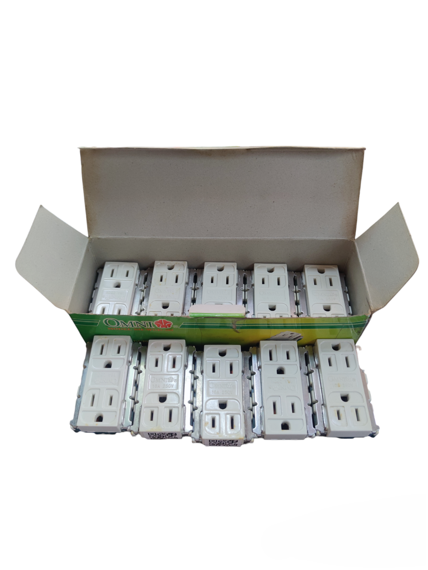 Omni Duplex Flat Pin Outlet with Ground 16A power points and switches in white packaged box set