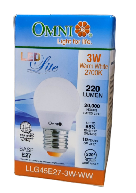 Omni E27 base 3W LED light bulb Warm White with 220 lumens and 20,000 hours rated life