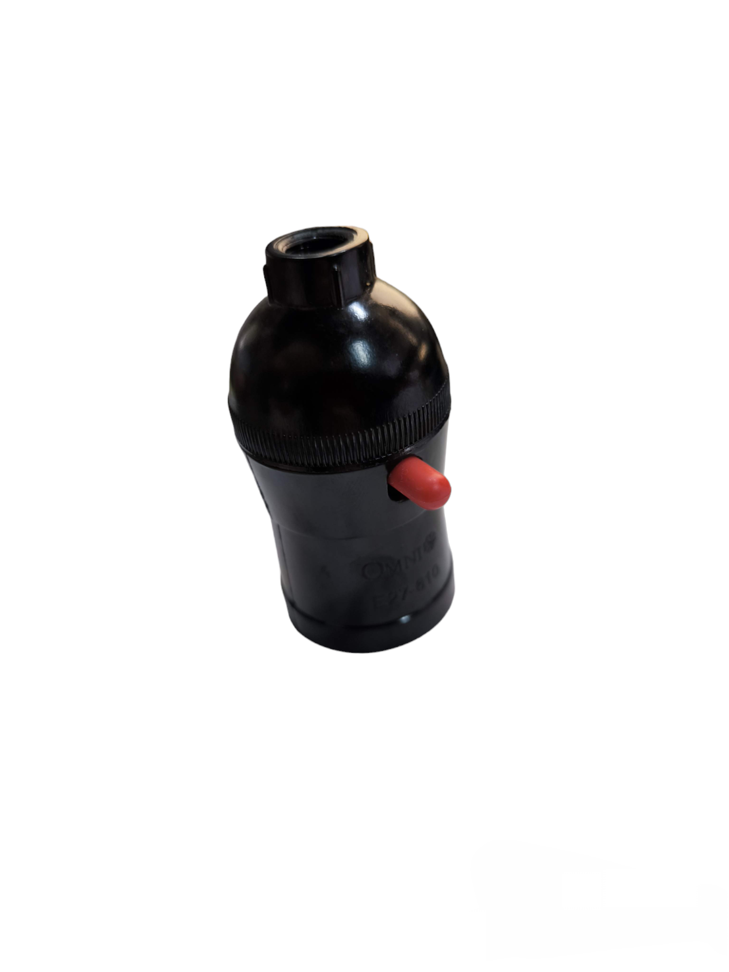 Omni black E27 Socket with Push Thru Switch featuring a red push button for lighting installation