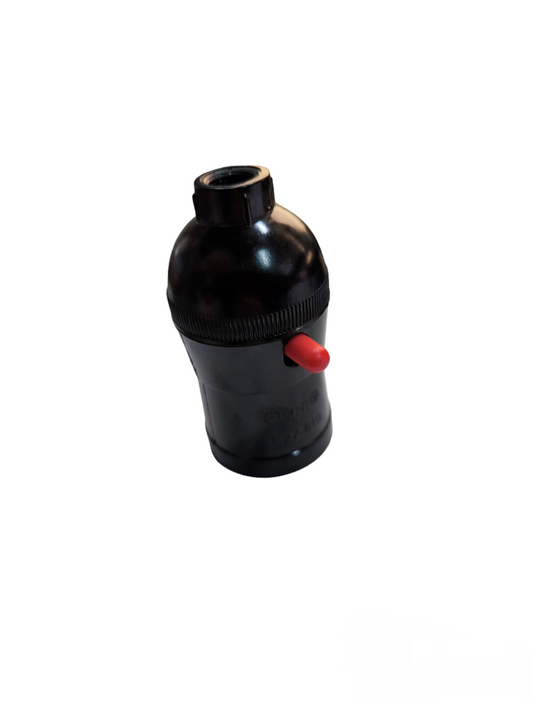 Omni black E27 Socket with Push Thru Switch featuring a red push button for lighting installation