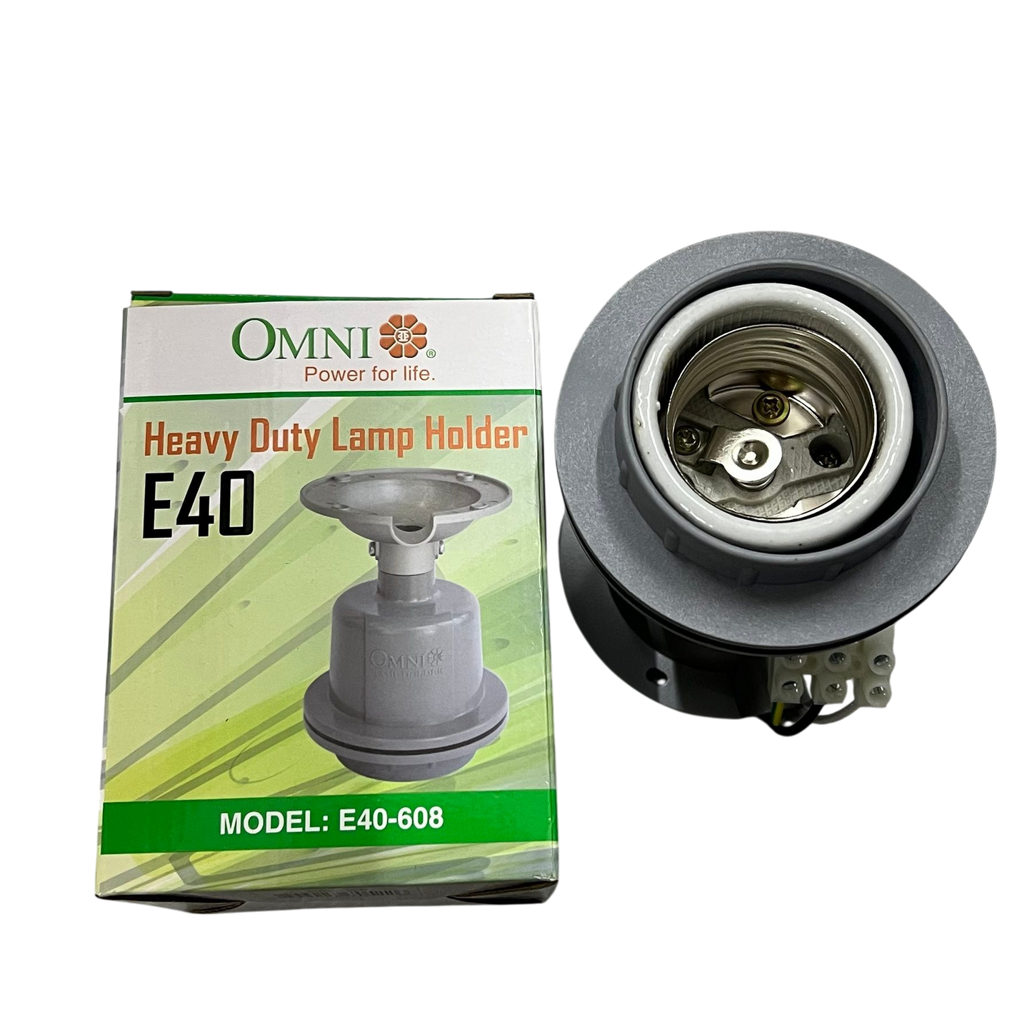 Omni E40-608 lamp holder 16A 250V in heavy-duty design with packaging displayed