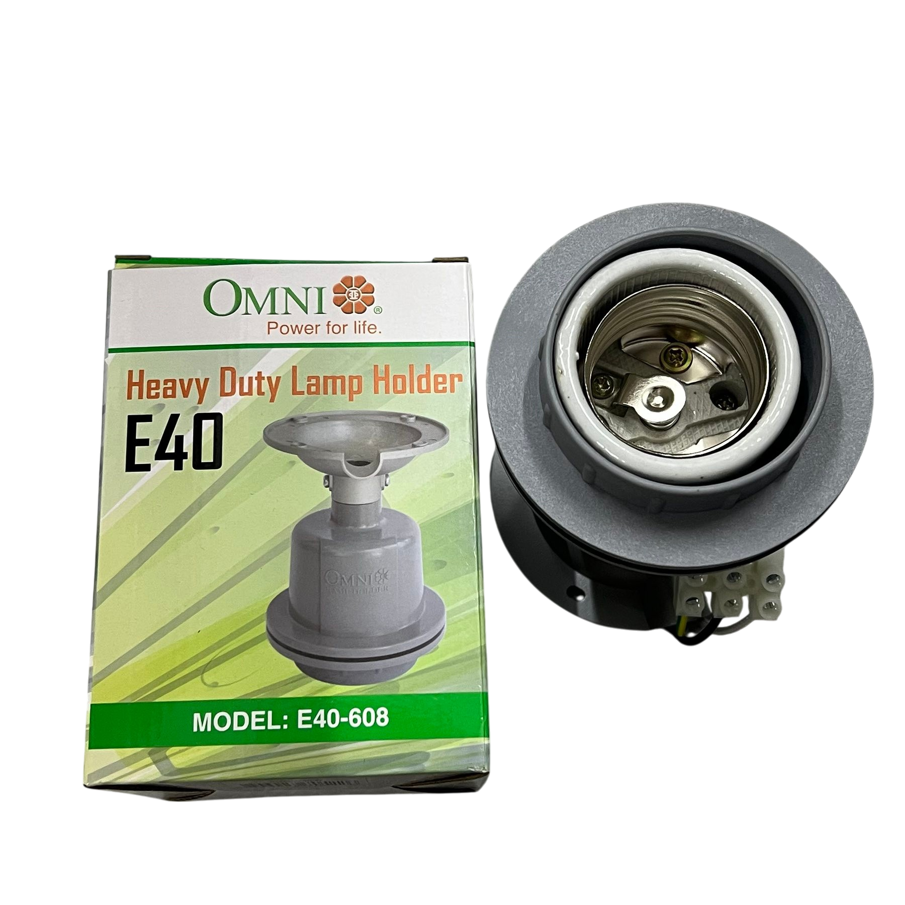 Omni E40-608 lamp holder 16A 250V in heavy-duty design with packaging displayed