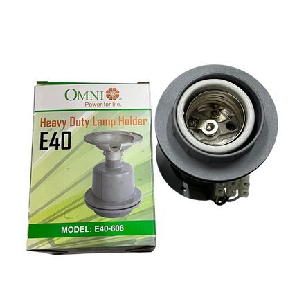 Omni E40-608 lamp holder 16A 250V in heavy-duty design with packaging displayed