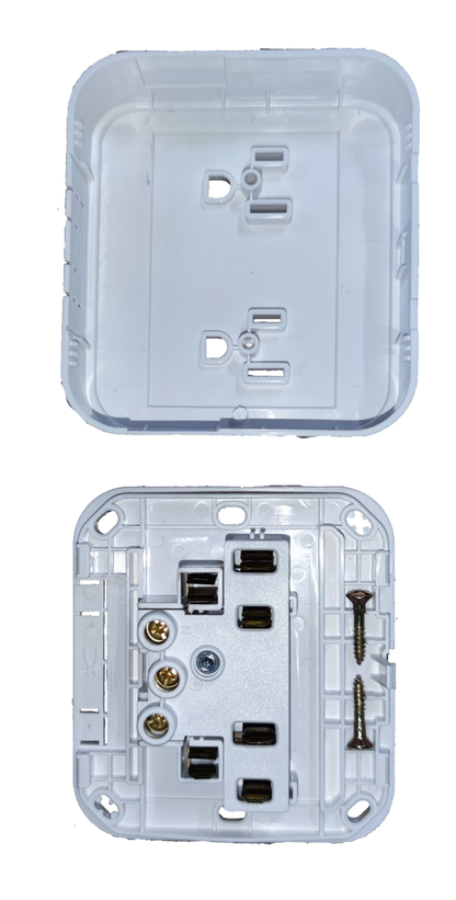Omni electrical outlet surface type white power point showing front and back with mounting screws