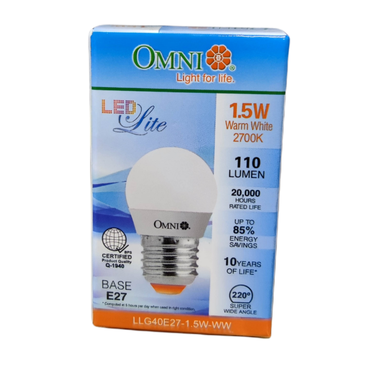 Omni energy saving LED bulb 220V with 1.5W power and 2700K warm white light for energy efficiency