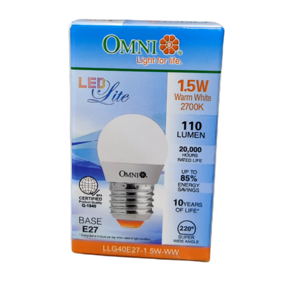 Omni energy saving LED bulb 220V with 1.5W power and 2700K warm white light for energy efficiency