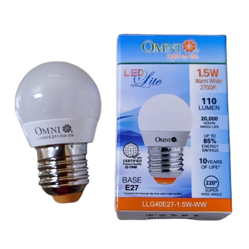 Omni energy saving LED bulb 220V with 1.5W power, 2700K warm white light, and 110 lumens output