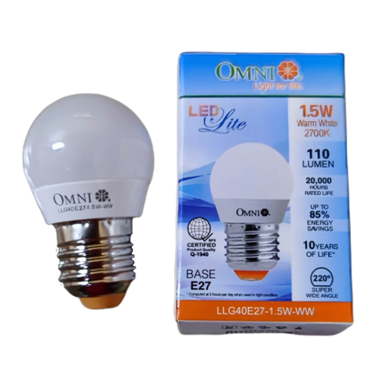 Omni energy saving LED bulb 220V with 1.5W power, 2700K warm white light, and 110 lumens output