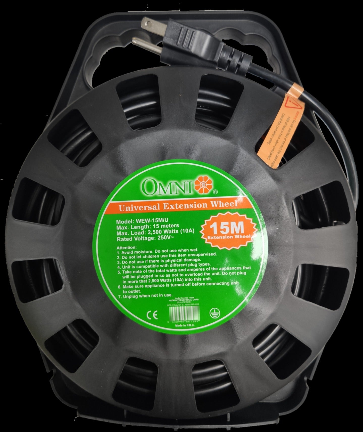 Omni 15M Universal Extension Wheel extension cord with safety breaker and durable black casing