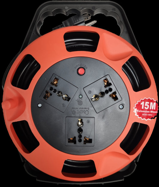 Omni 15M orange extension cord with safety breaker and multiple socket outlets on a black reel