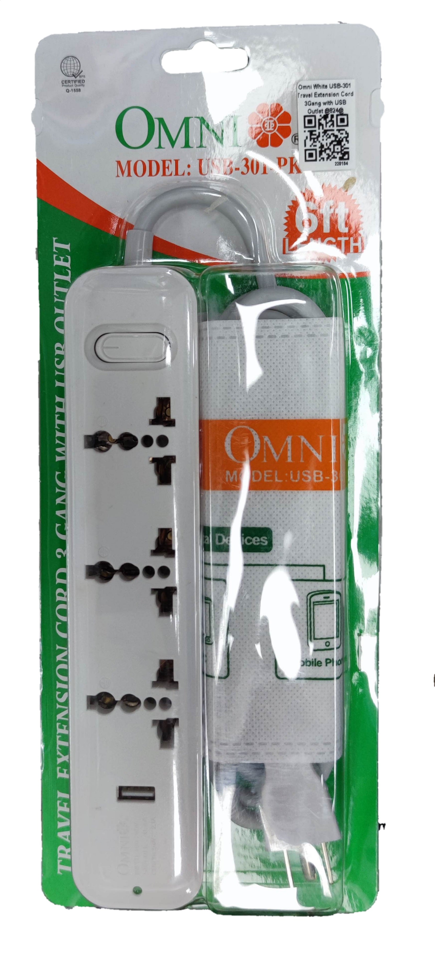 Omni extension cord with USB 3-outlet power strip travel adapter white 8ft cord