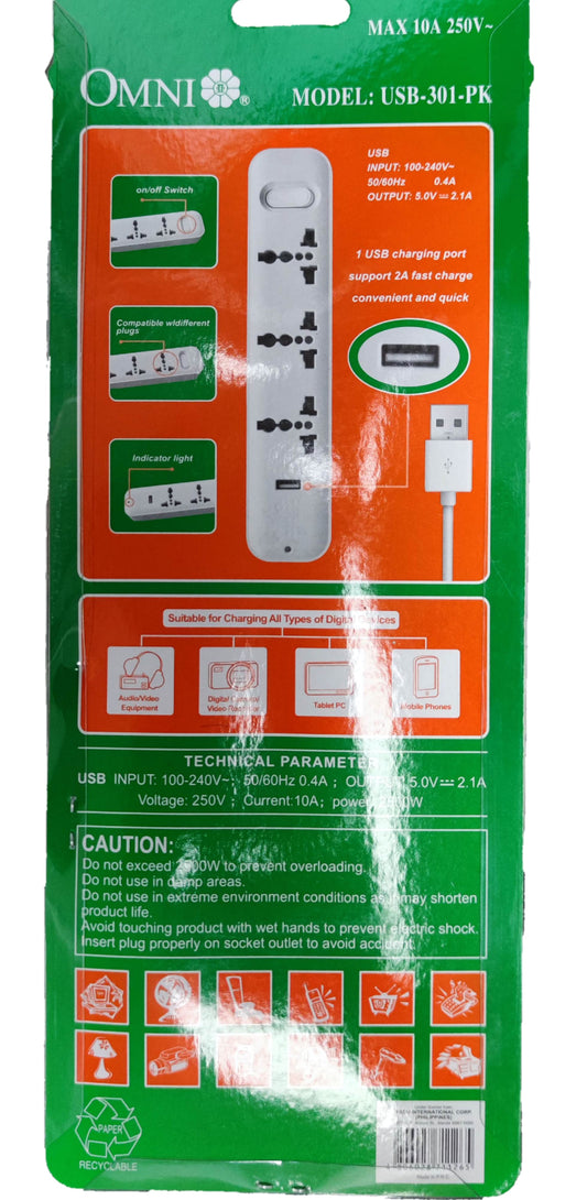 Omni extension cord with USB featuring multiple outlets and dual USB charging ports in retail packaging