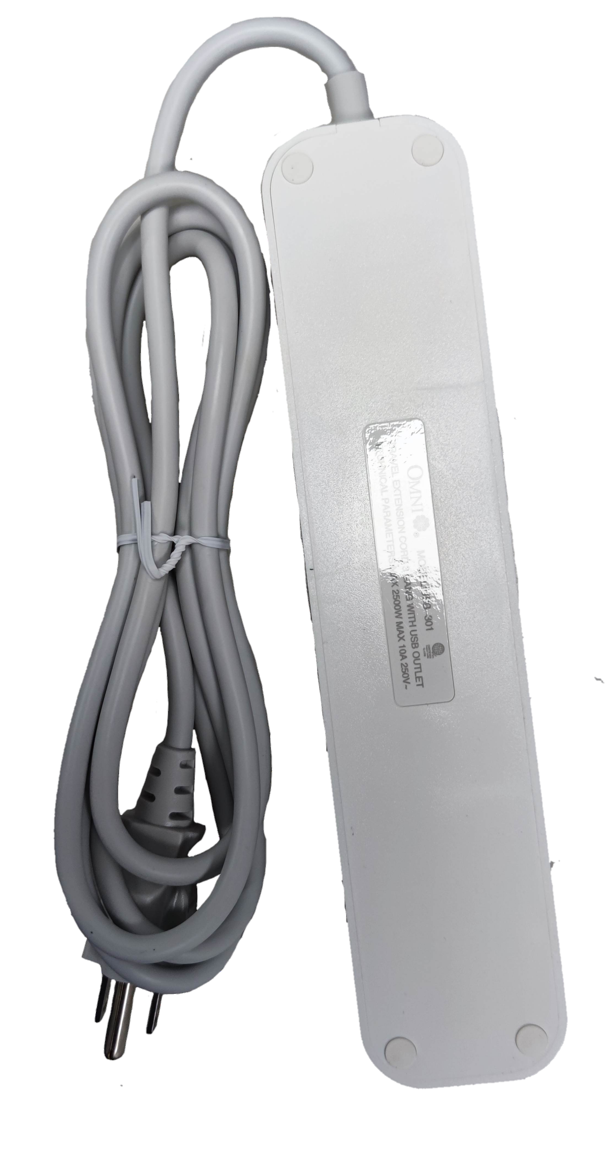 Omni extension cord with USB featuring multiple outlets and a long white power cable