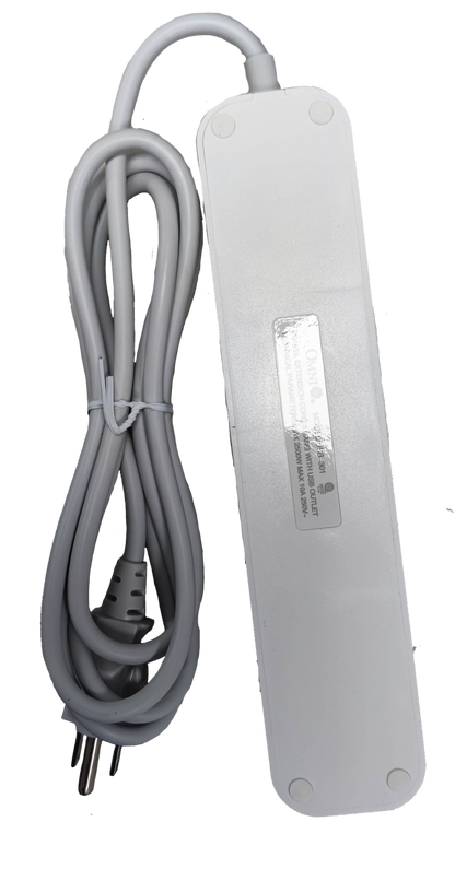 Omni extension cord with USB featuring multiple outlets and a long white power cable