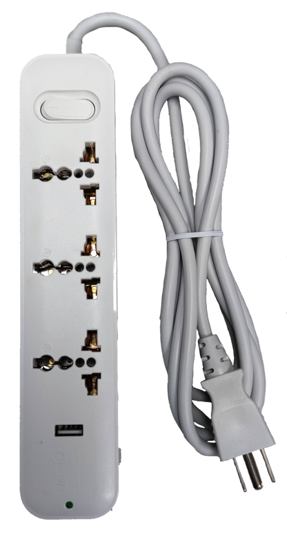 Omni extension cord with USB featuring multiple universal outlets and long white power cord